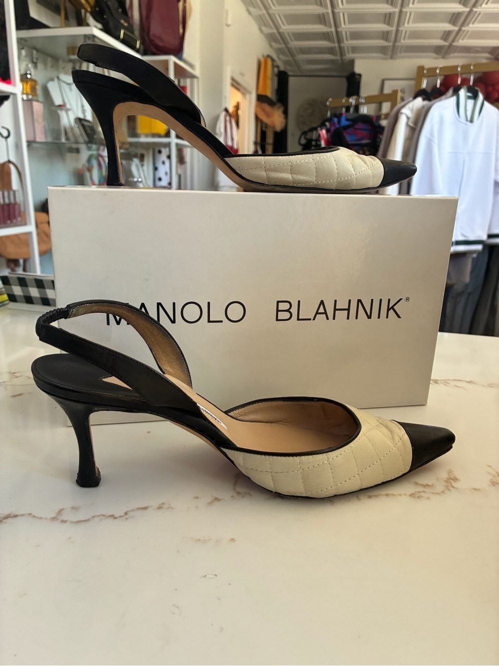 Manolo Blahnik Quilted Cream Slingback Pump with Black Cap Toe